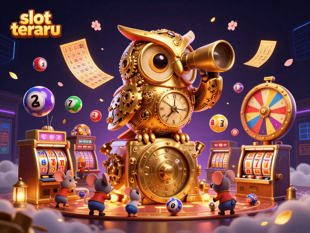 Winning big at slot terbaru with a golden owl overseeing the action and vibrant game elements
