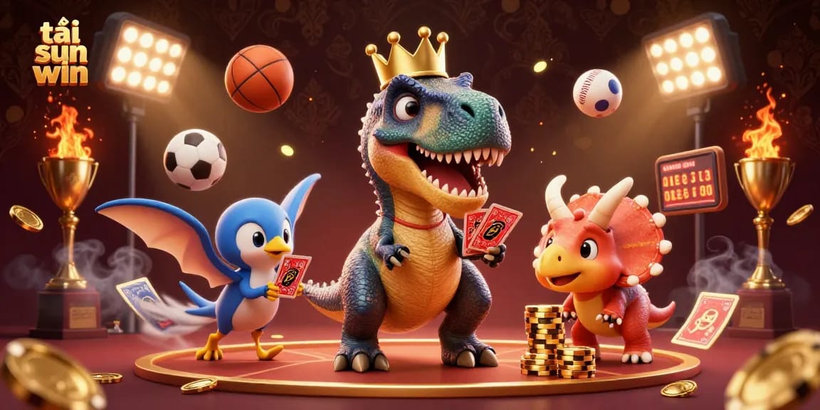 Engage with thrilling casino action as T-Rex shuffles cards while baby triceratops stacks chips in tải sun win scene.