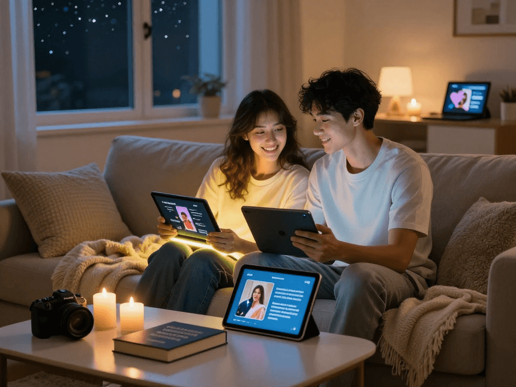 Couple exploring AI sex tools together in a cozy home setting.