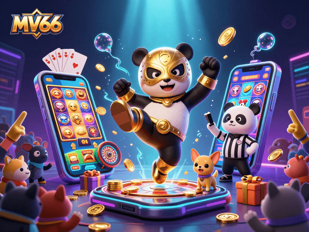 MV66 casino-themed illustration with panda wrestler and chihuahua referee in a vibrant gaming scene.
