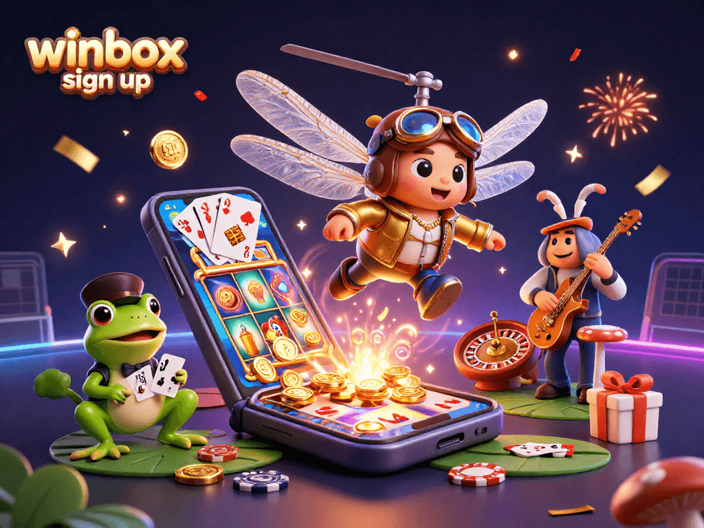 Experience the excitement of winbox sign up with a vibrant 3D casino scene filled with games and fun.