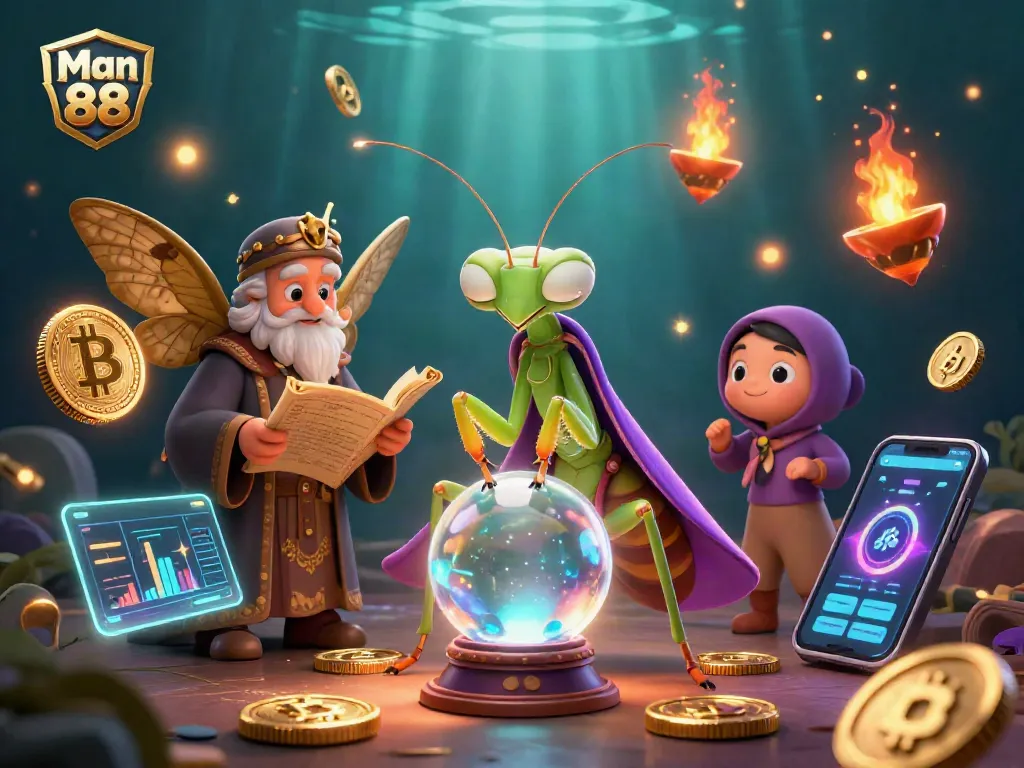 Win big with Man 88 in an exciting vibrant online casino scene featuring mythical characters and digital elements.