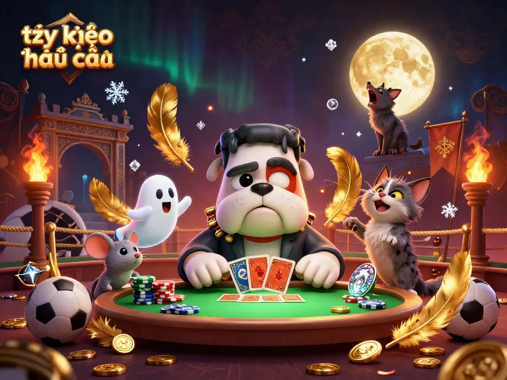 Engage with tỷ lệ kèo nhà cái at a vibrant sports betting scene featuring a Frankenstein bulldog dealer, surrounded by dynamic gaming elements.