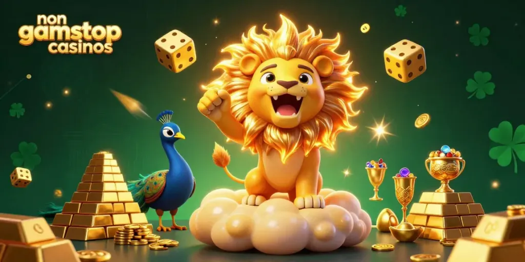 Experience the thrill of non gamstop casinos in this bright 3D illustration with gems and golden elements.
