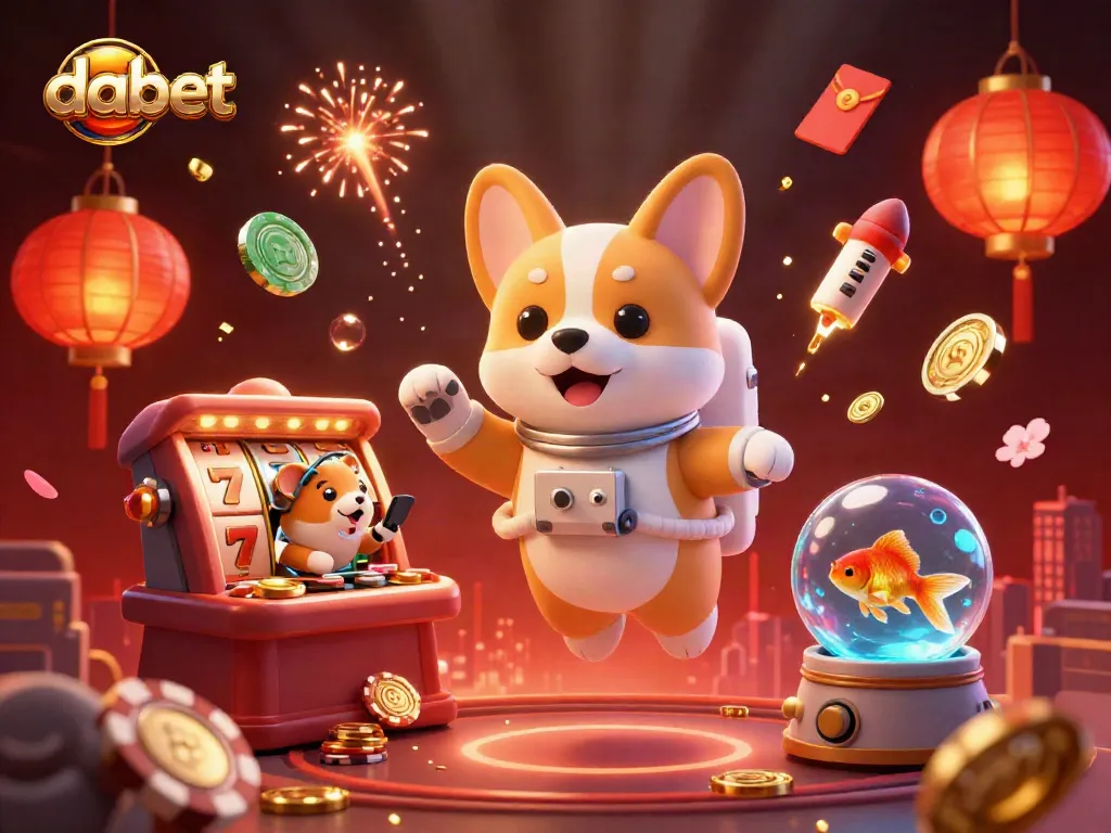 Dabet showcases a lively space casino scene with an astronaut corgi, mission-control hamster, and vibrant slot elements.