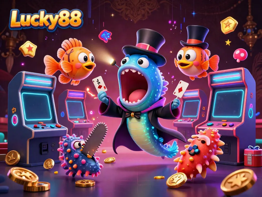 Experience the magic of Lucky88 with vibrant 3D characters performing in a dynamic casino setting.