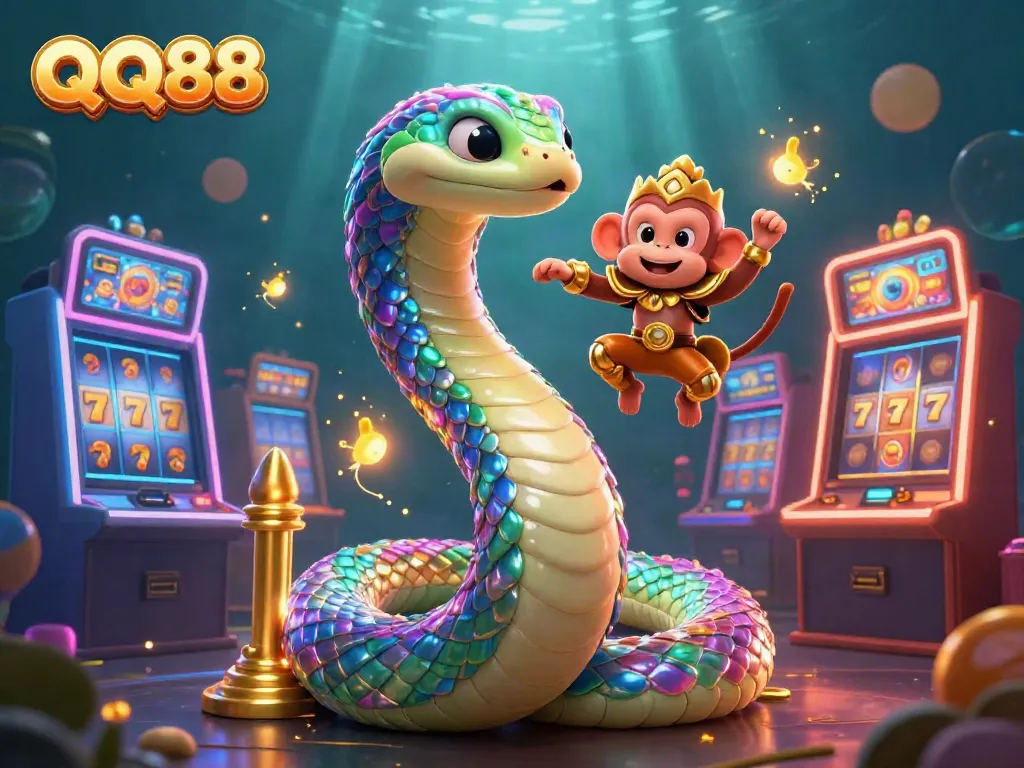 Experience thrilling slots at QQ88 with a rainbow serpent and monkey king illustrating vibrant casino action.