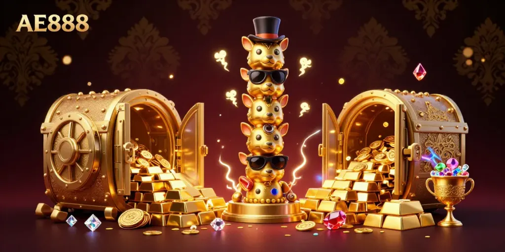Engage with AE888’s vibrant casino scene showcasing a golden totem, treasure vault, and dazzling jewels.