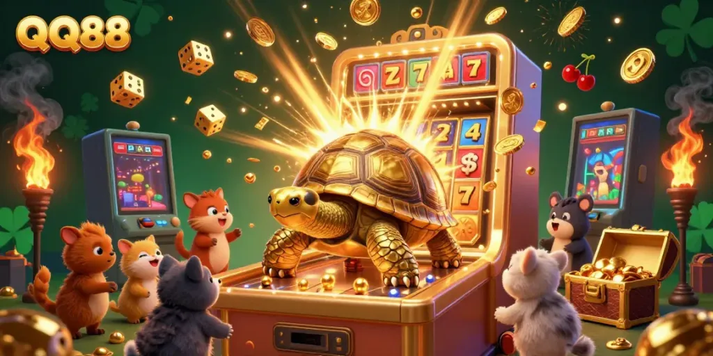 Experience the excitement of QQ88 with a colorful jackpot explosion in this vibrant casino scene.