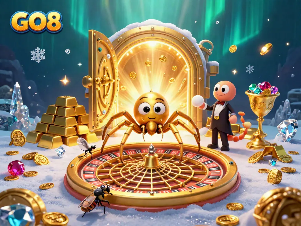 Engage with GO8 at this vibrant 3D cartoon casino scene filled with gold, jewels, and thrill.