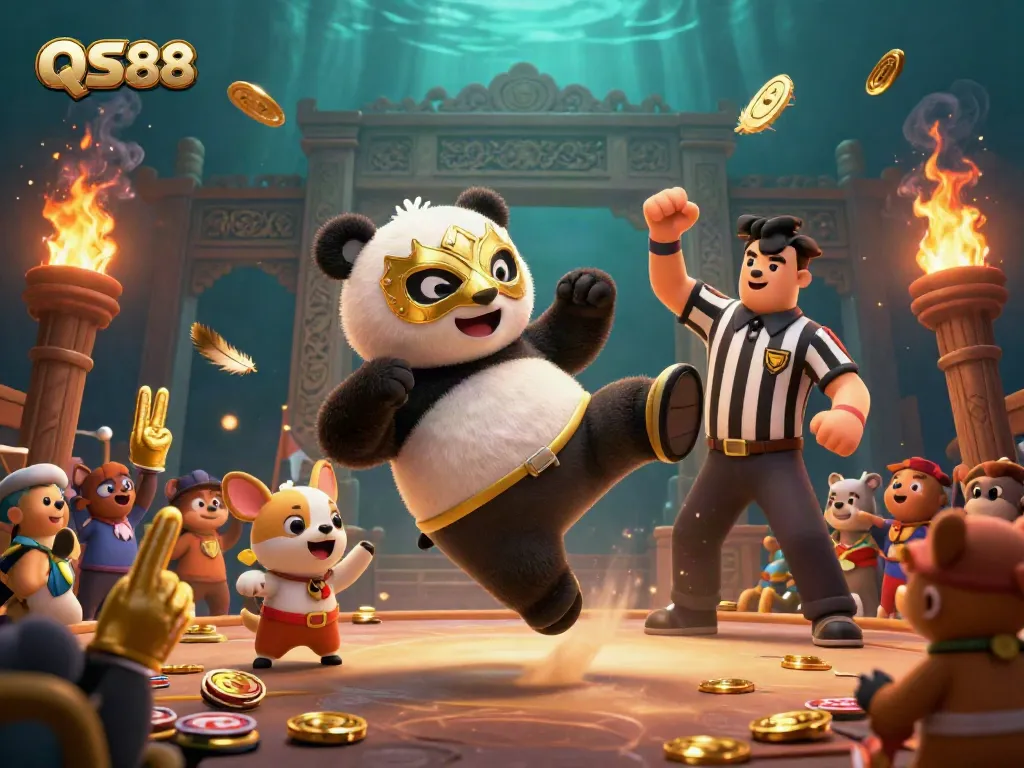 Experience intense action as QS88 showcases a thrilling wrestling match with a panda and chihuahua in a lively crowd.
