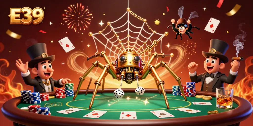 E39 features a golden spider capturing dice in a vibrant casino scene with poker elements.