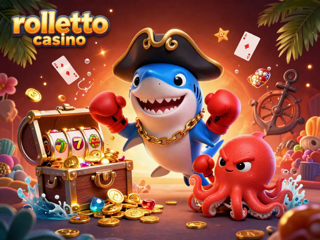 Experience rolletto casino with exciting slot reels, pirate characters, and treasure in this vibrant scene.