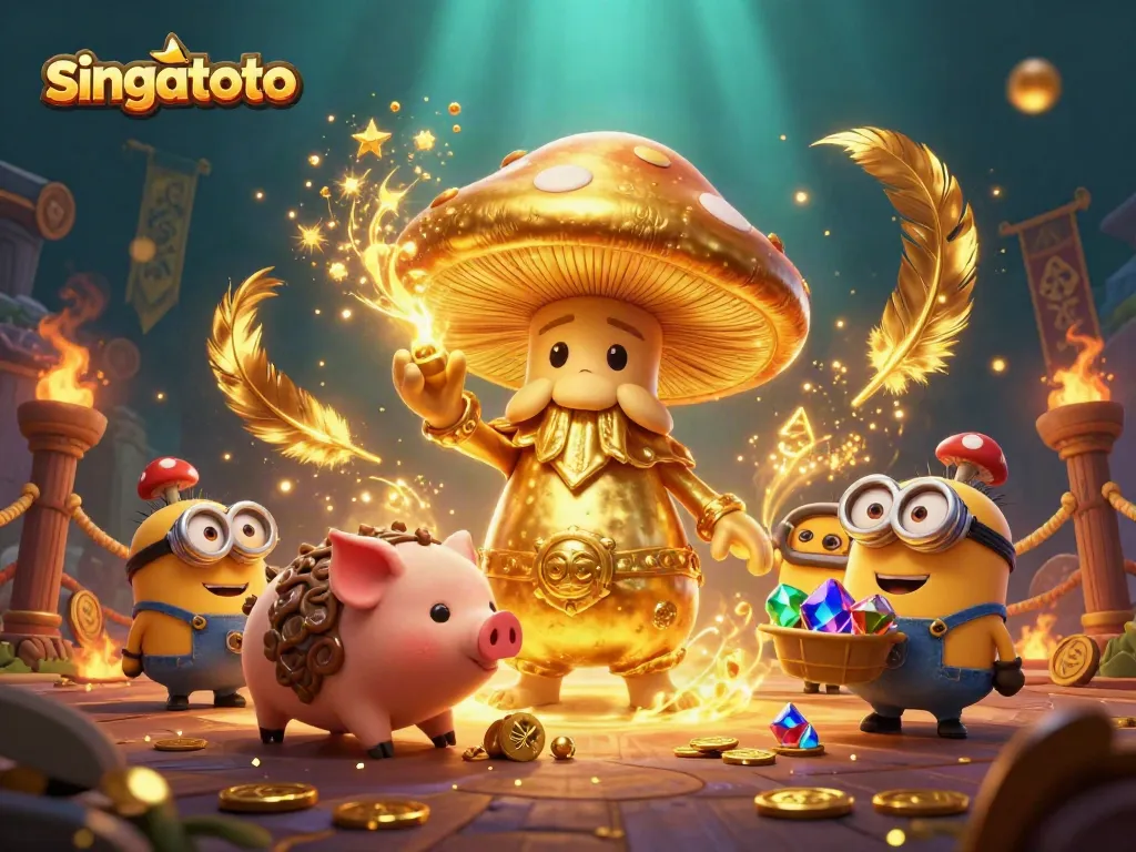 Play at singatoto with animated golden wizard and treasure hunting minions in a vibrant casino scene.