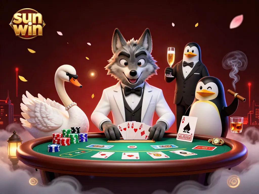 Experience the thrill of sun win casino with 3D characters enjoying baccarat amidst vibrant casino elements.