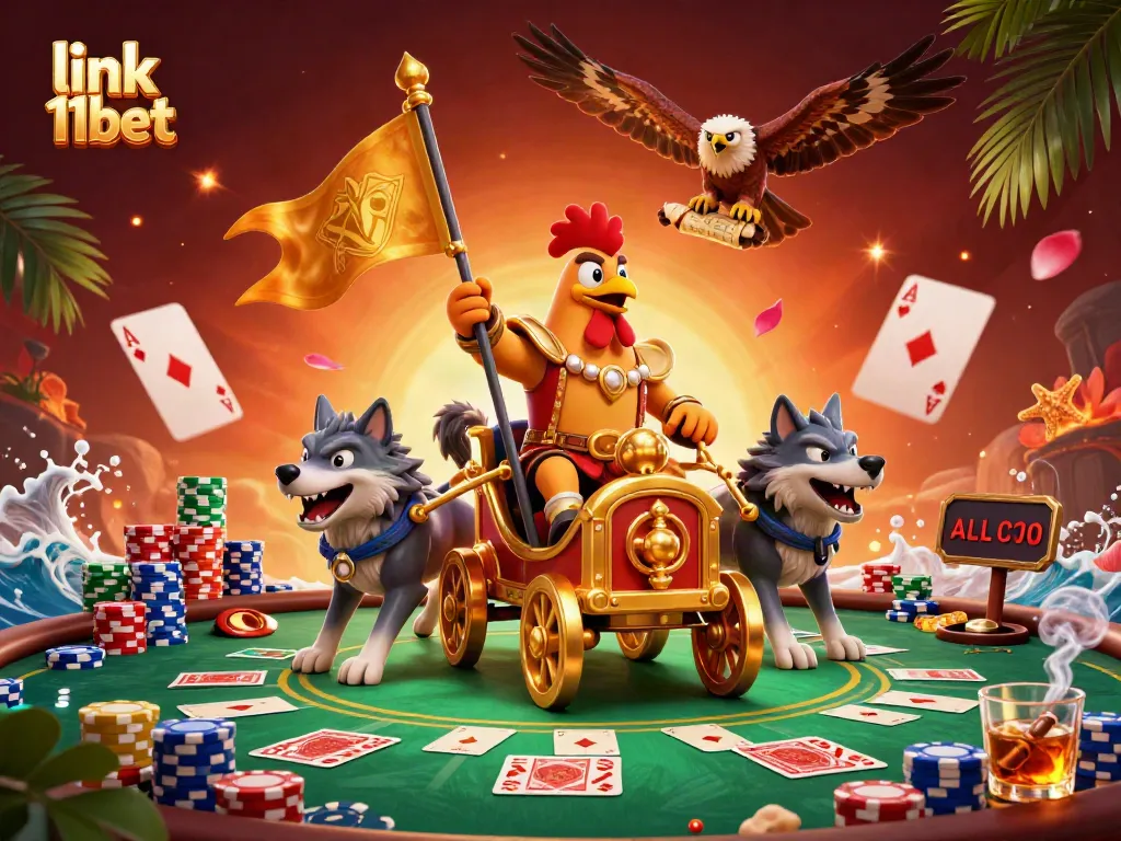 Engage in exciting gameplay with link 11bet, featuring a warrior rooster and poker scene.