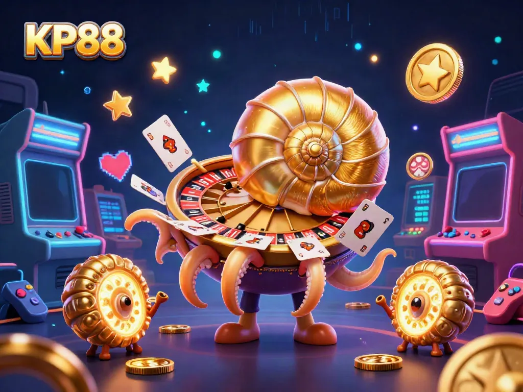 Experience thrilling games at KP88 with a giant nautilus roulette wheel among glowing casino elements.