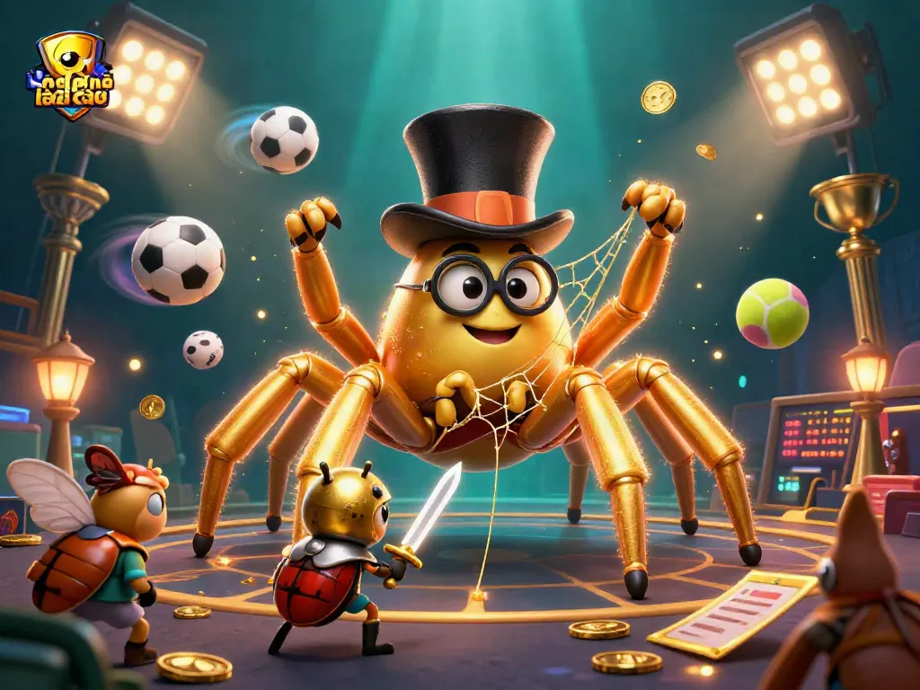 Kèo nhà cái showcases a golden tarantula weaving a web of choices in a betting strategy scene with animated sports elements.