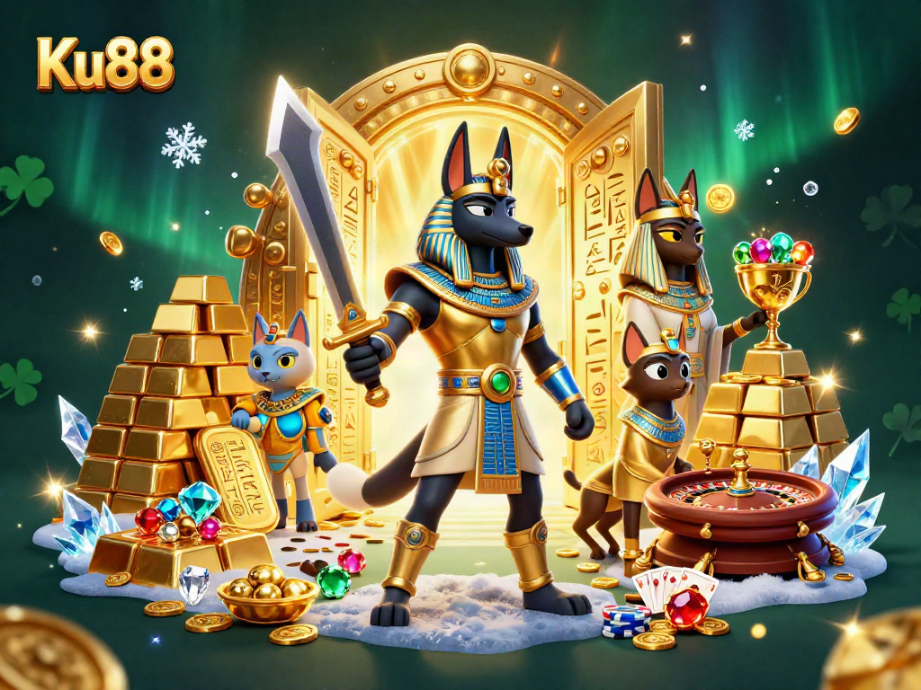Engage with Ku88's vibrant 3D scene featuring Anubis and Bastet amidst treasure and casino elements.