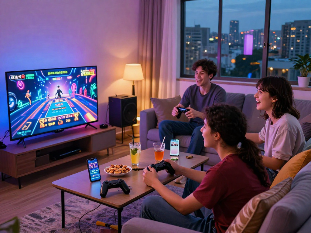 Exciting group gaming session featuring GB 444 live casino games in a cozy living room.