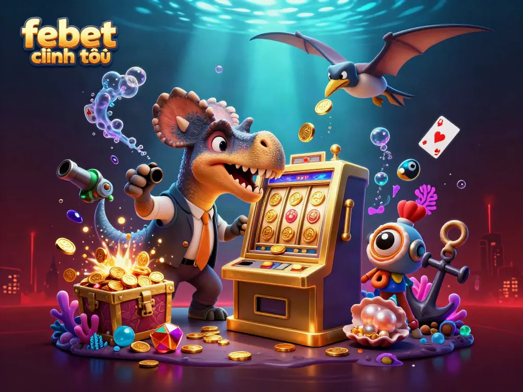 Playful scene with febet chính thức featuring dinosaurs engaging with a vibrant casino setting, showcasing excitement and fun.