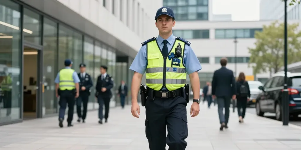 Security Company guard patrolling a corporate building, ensuring safety.