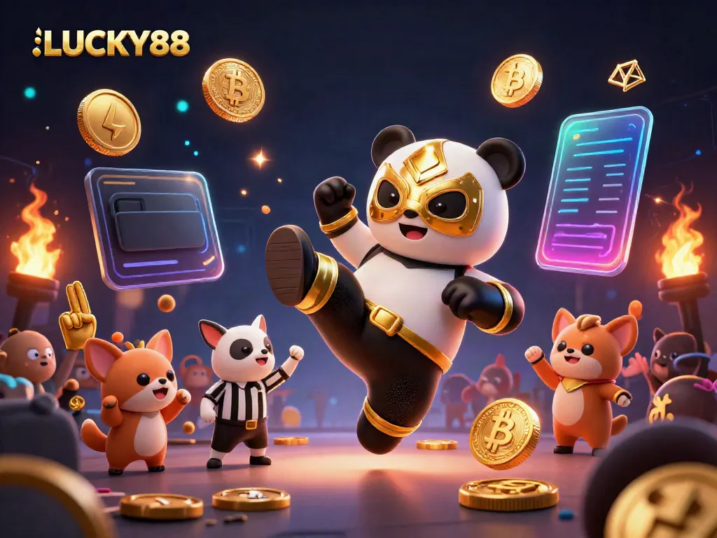 Feel the excitement of LUCKY88 with a vibrant 3D scene of animals celebrating a wrestling match surrounded by crypto elements.