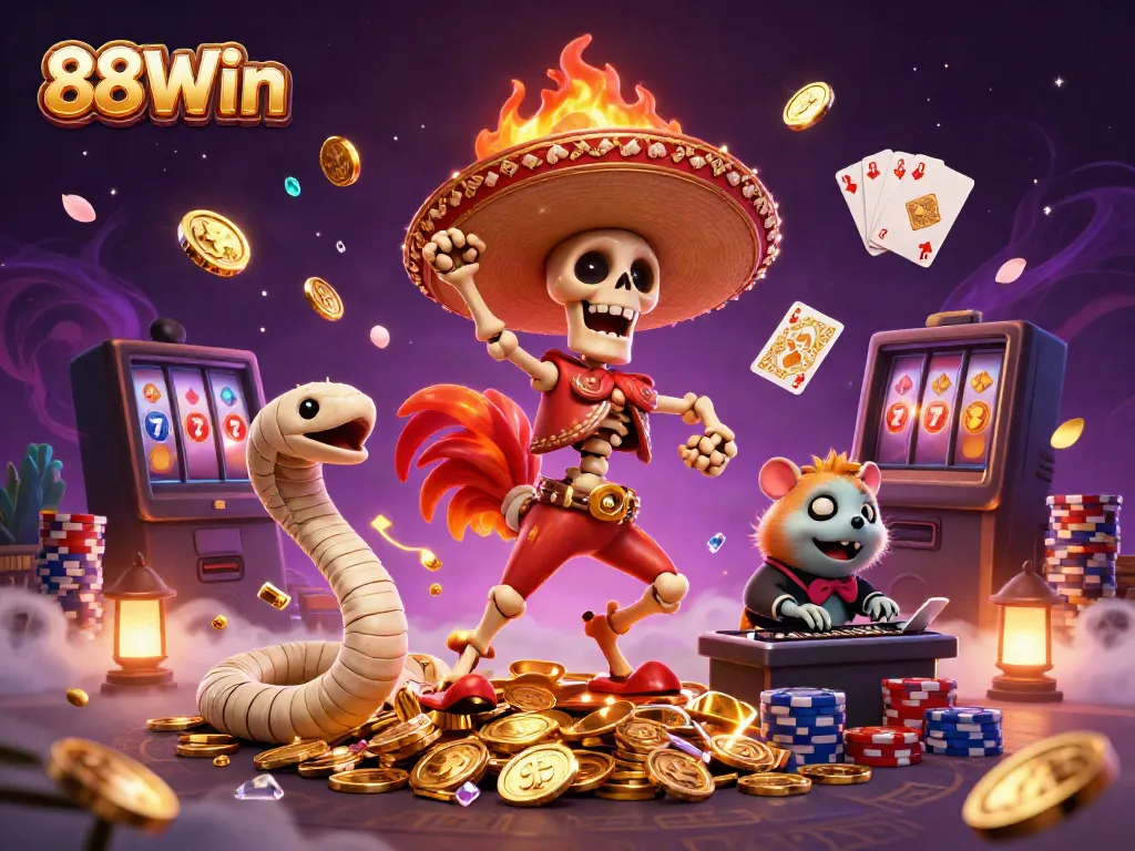 Celebrate wins at 88Win with thrilling 3D casino characters dancing on a treasure of golden coins.