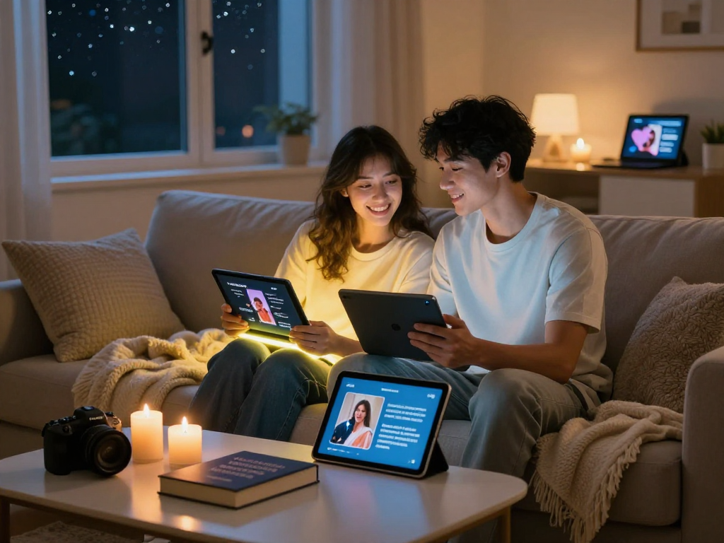 Couple exploring AI sex tools together in a cozy home setting.