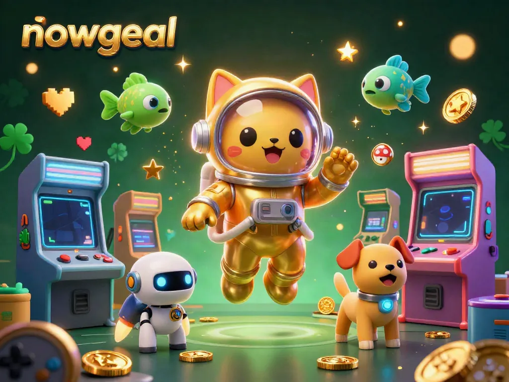Experience nowgoal with an ultra-detailed 3D illustration featuring a space cat and robot dog in a casino-themed setting, surrounded by dynamic gaming elements.