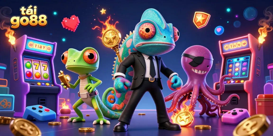 Engaging scene of 3D characters featuring tải go88 with arcade themes, slot machines, and vibrant gaming elements.