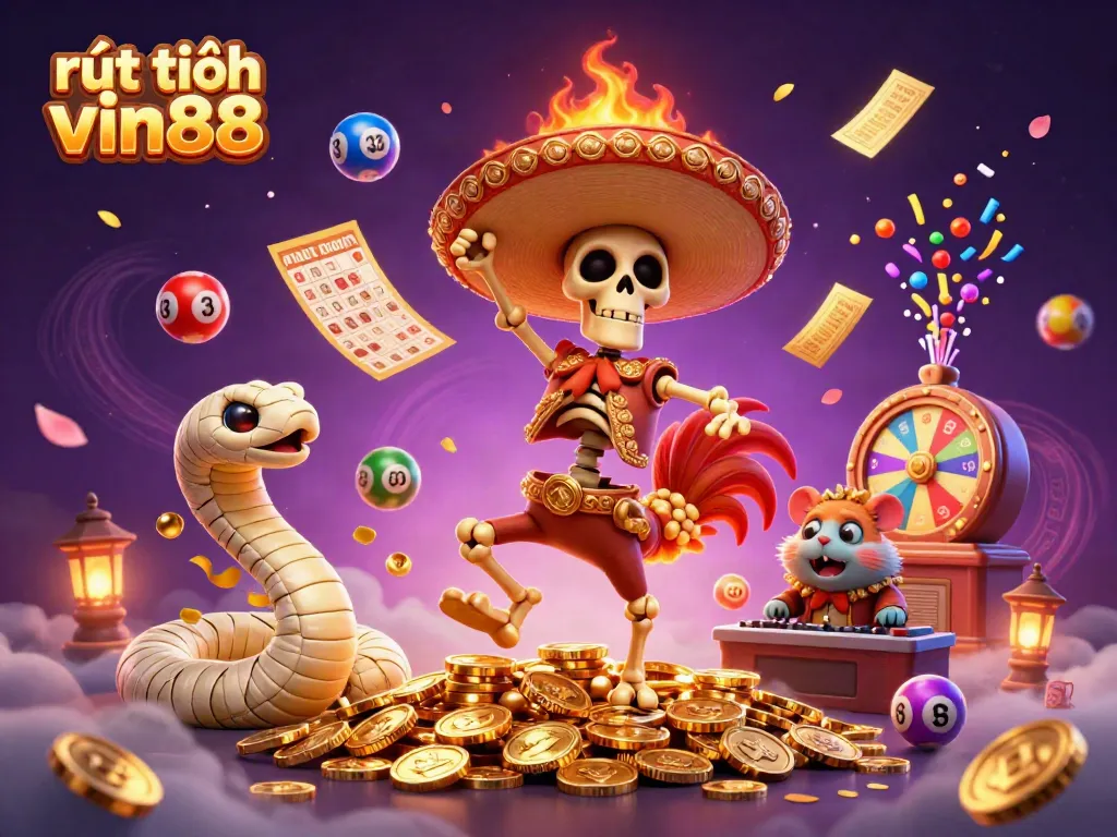 Engage with rút tiền vin88 through playful animated characters amidst a vibrant casino scene.
