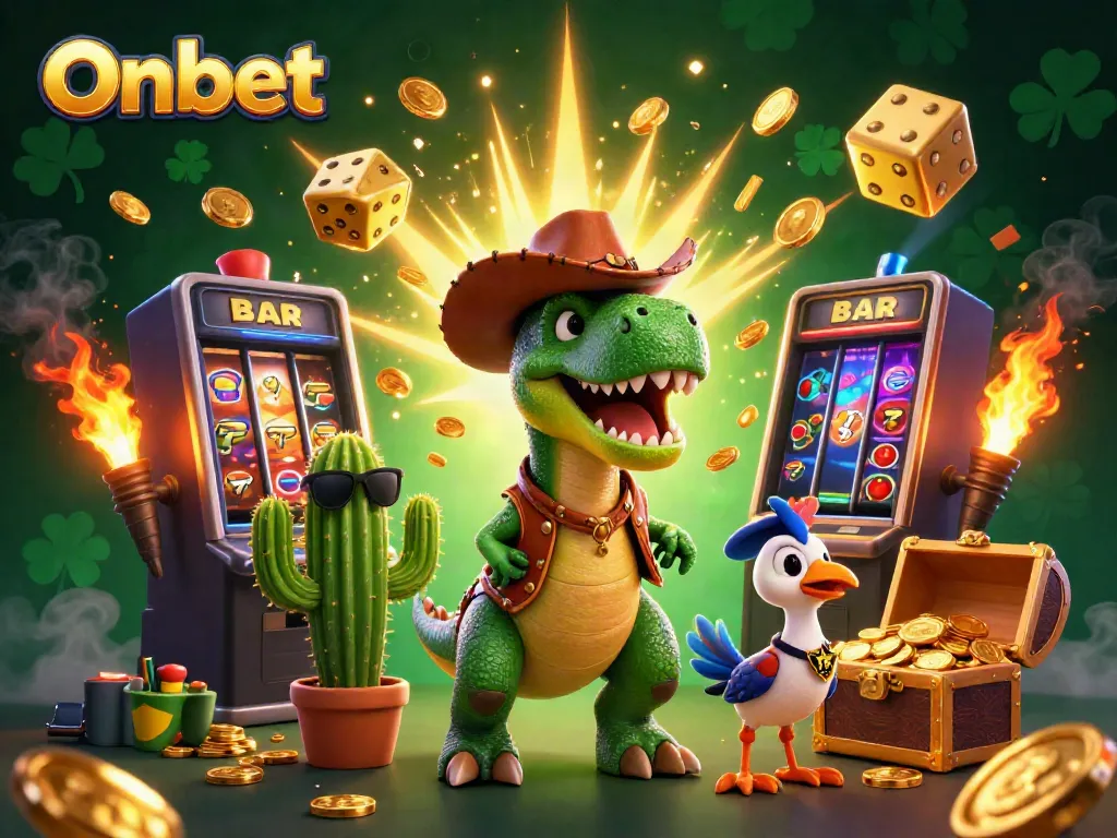 Onbet-themed vibrant illustration showcasing a T-Rex cowboy with casino symbols and excitement.