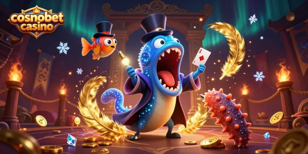 Experience cosmobet casino magic with deep-sea creatures performing thrilling card tricks under vibrant lights.