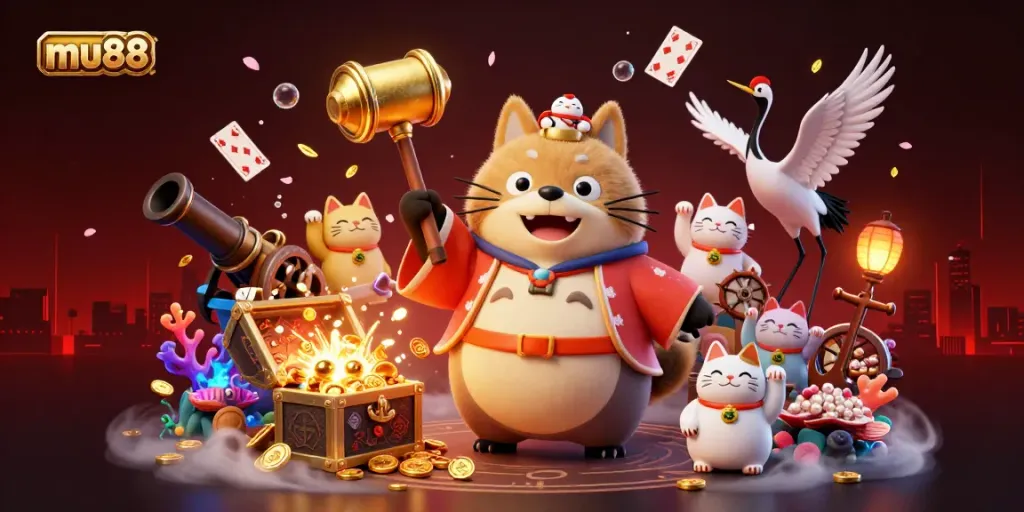 Experience mu88's thrilling atmosphere with a cheerful raccoon and friend in a vibrant casino scene.