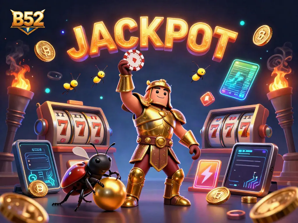 B52 casino characters celebrating a jackpot win with vibrant slot and crypto symbols.