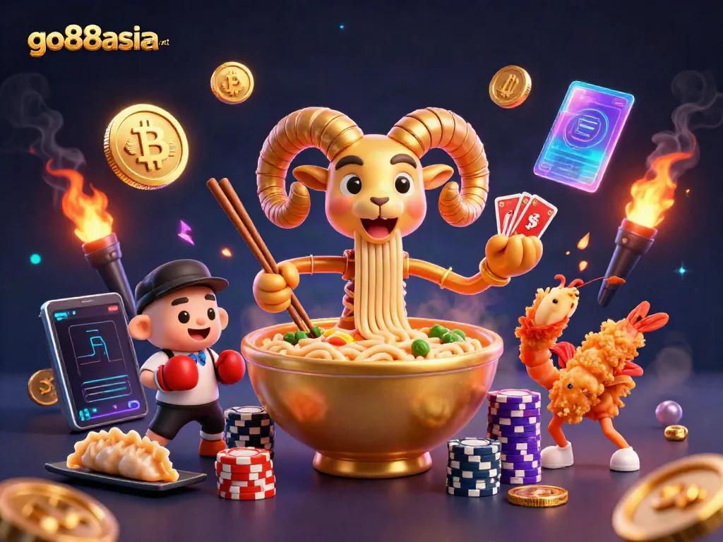 Go88asia net showcases a lively 3D casino scene featuring a golden ramen bowl protagonist and vibrant crypto elements.