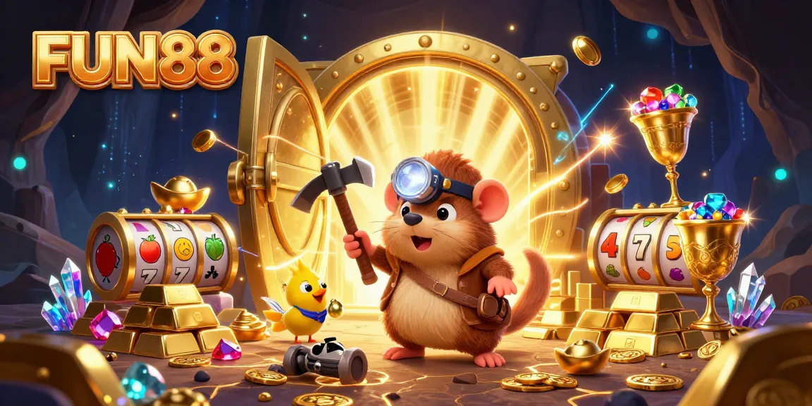 Unleash winning moments with FUN88 in this vibrant 3D casino illustration featuring treasure hunting elements.