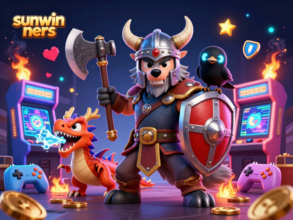 Engage with sunwin ners in a vibrant casino scene featuring a Viking wolf warrior, dragon, and arcade elements.