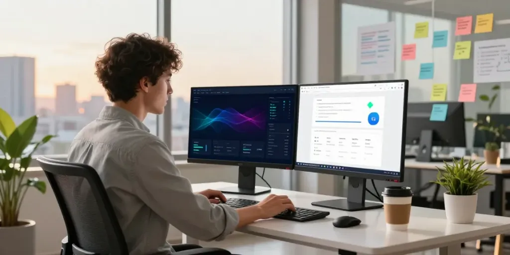 SEO specialist focusing on instant indexing using analytics data in a vibrant office.