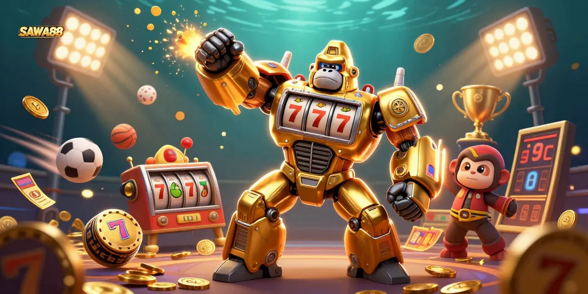 Engage with SAWA888’s thrilling slot experience featuring a dynamic golden gorilla mech and winning elements.