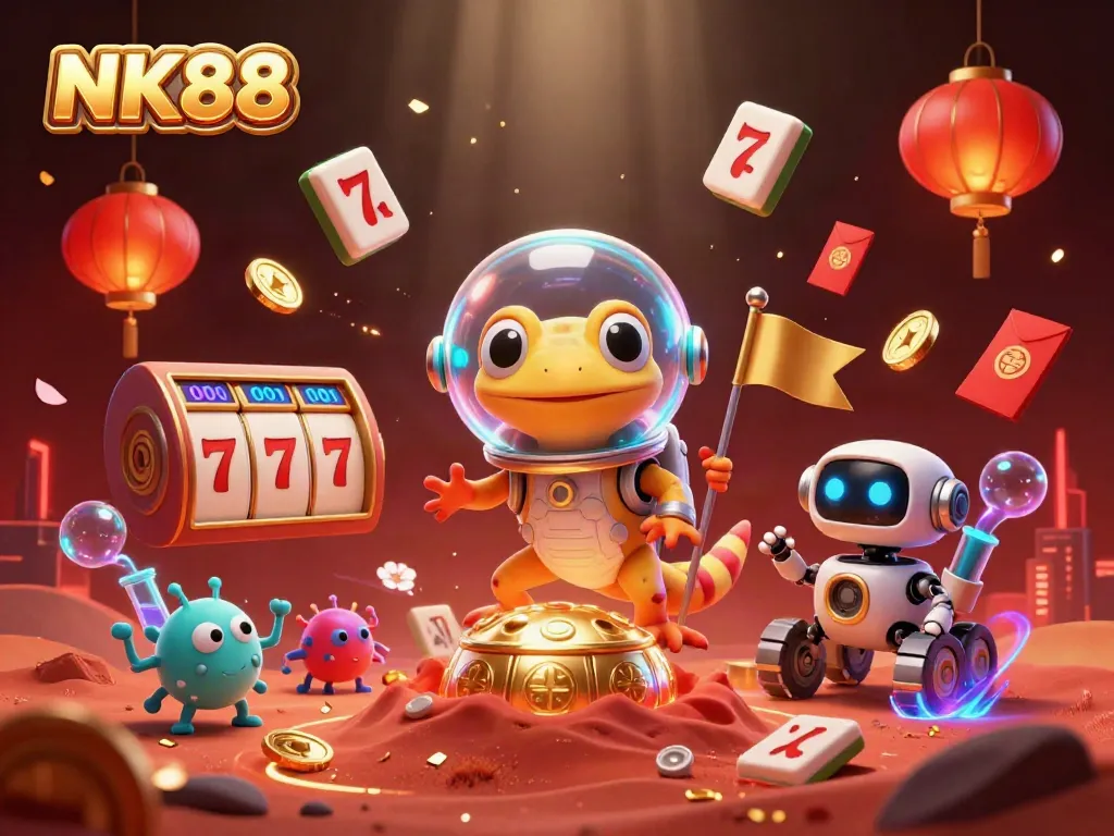 NK88 casino gaming scene with a Martian gecko discovering a golden casino in a vibrant environment.