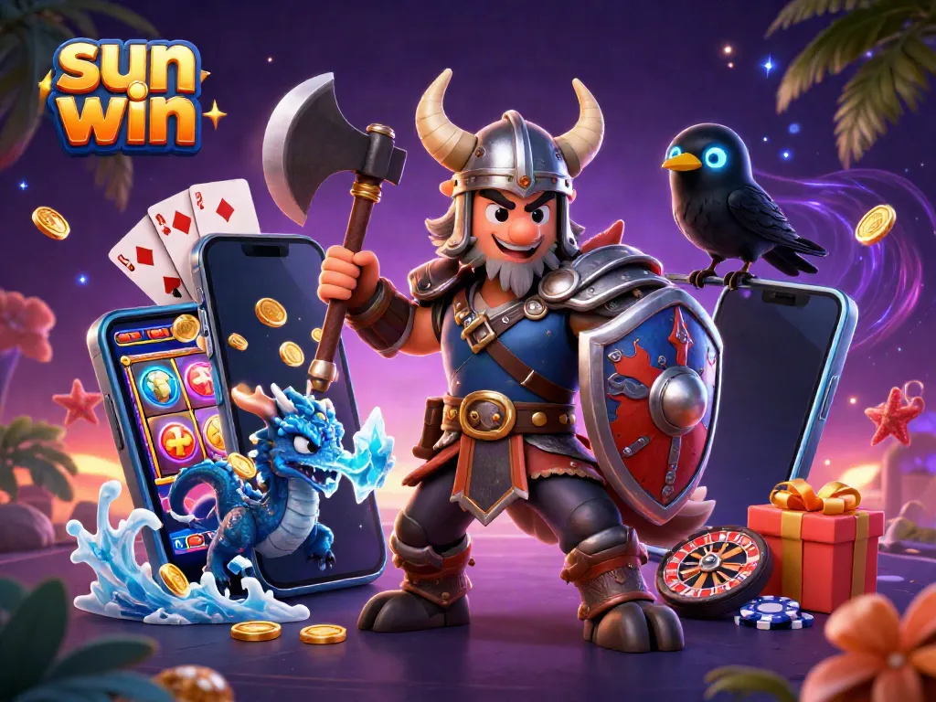 Sun win gaming experience with a Viking warrior, dragon, and casino elements creating an engaging and vibrant illustration.