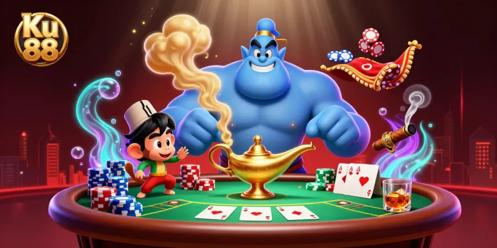 Bet on poker with Ku 88's vibrant casino scene featuring a genie, monkey, and chips.