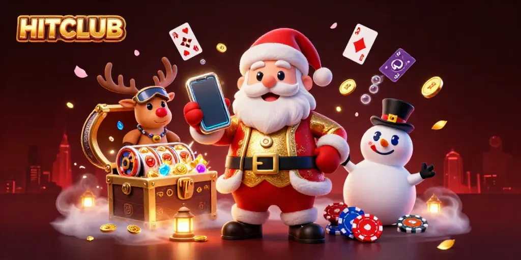 Experience the excitement of HITCLUB with cartoon Santa, reindeer dealer, and a poker chip snowman in a vibrant casino scene.
