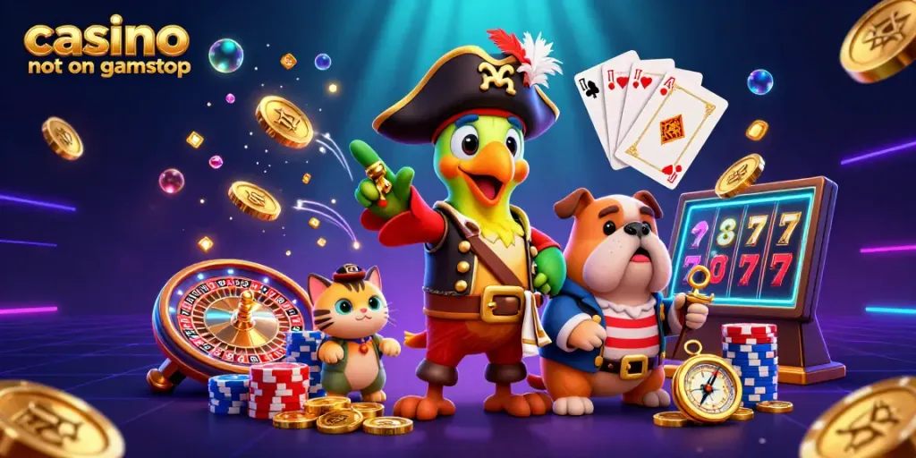Engage with vibrant casino visuals, featuring characters and casino elements in an exciting scene of casino not on gamstop.