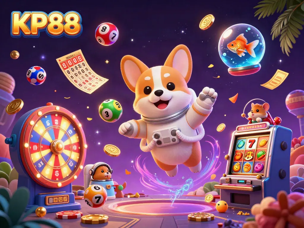 Engage with KP88 in a vibrant casino scene featuring an astronaut corgi, poker chips, and slots.