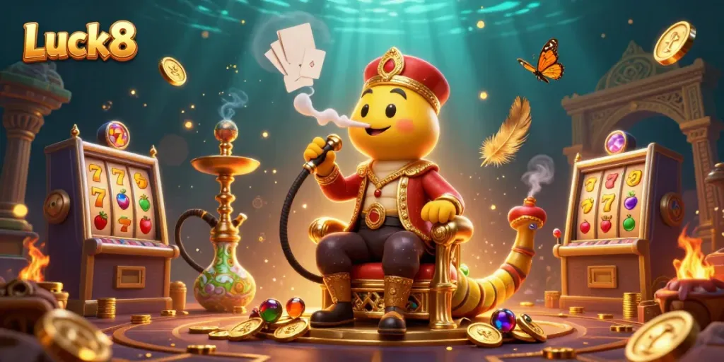 Experience Luck8's exciting gaming adventure with vibrant 3D visuals of slot machines and thrilling characters.