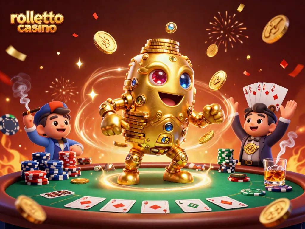 Experience the excitement of rolletto casino with this vibrant 3D illustration depicting gold coins and poker elements.