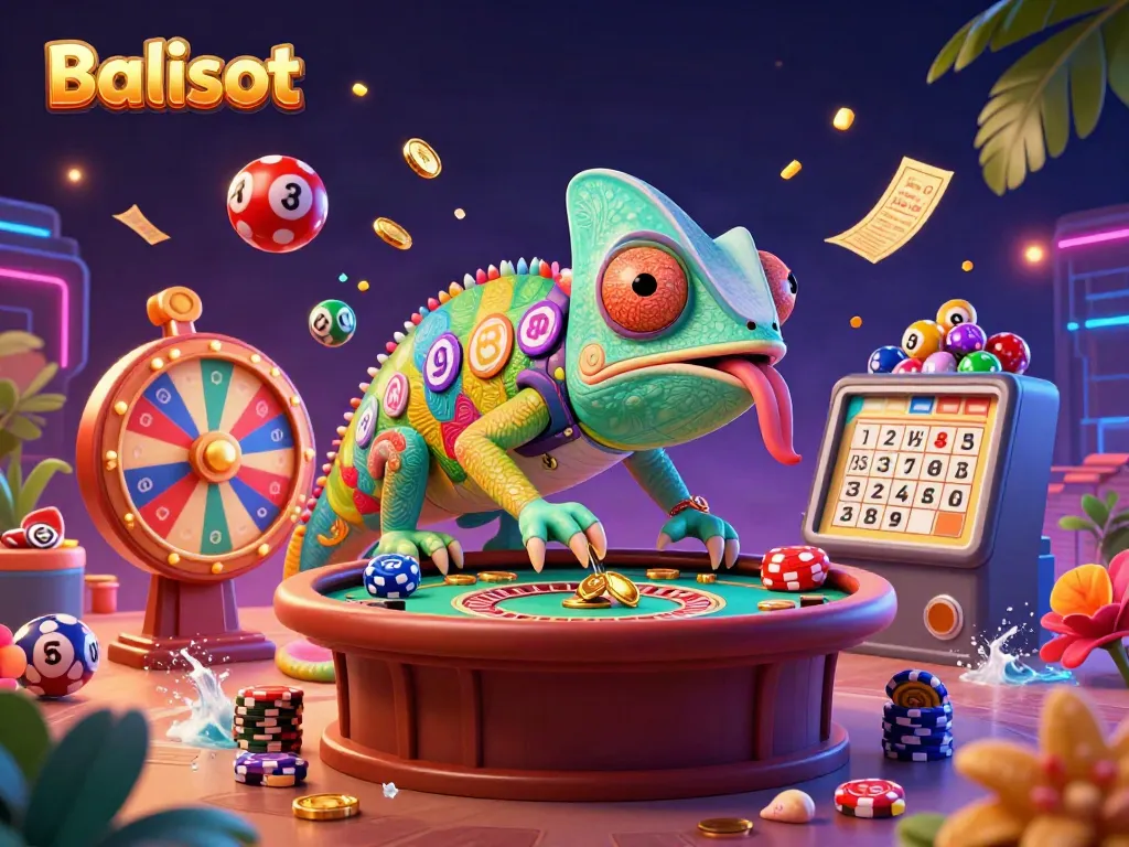 Balislot chameleon casino owner celebrating with colorful lottery games and golden coins.